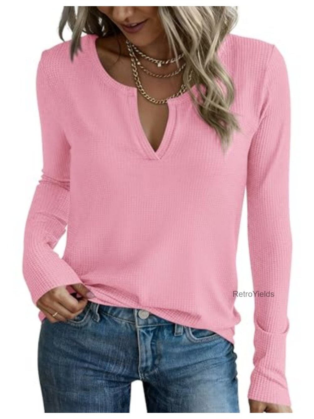 Long Sleeve V-Neck Waffle Knit Tunic Tops Dressy Casual Women's Blouse